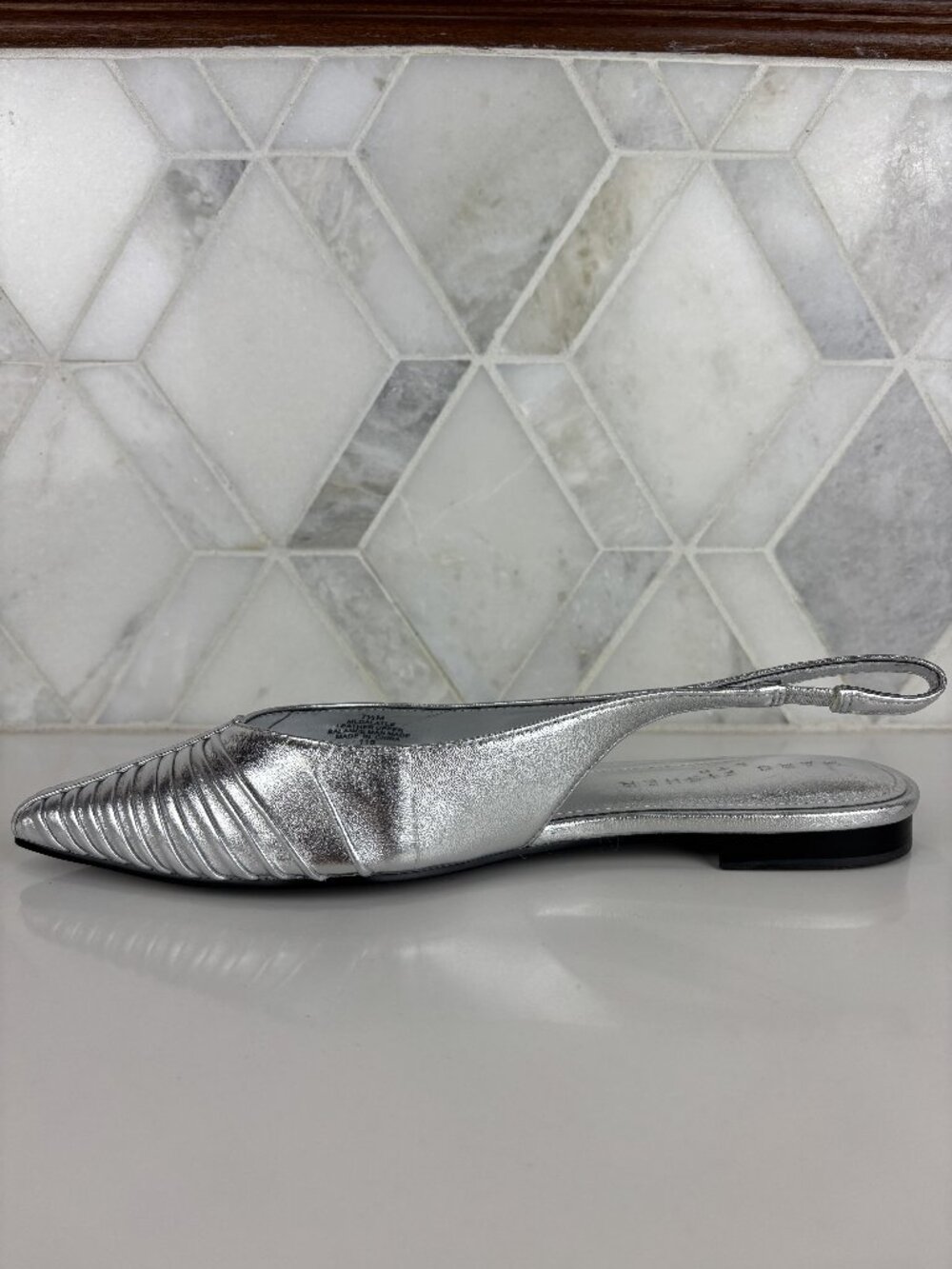 7.5M Marc Fisher Dalatee Silver Ruched Gathered Pointed Toe Slingback Flat Shoe - Picture 3 of 14